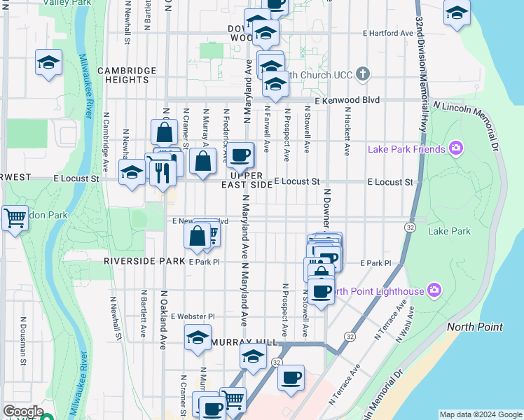 map of restaurants, bars, coffee shops, grocery stores, and more near 2228 East Newberry Boulevard in Milwaukee