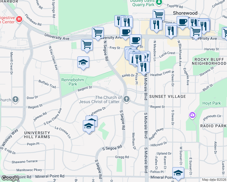 map of restaurants, bars, coffee shops, grocery stores, and more near 4706 Regent Street in Madison