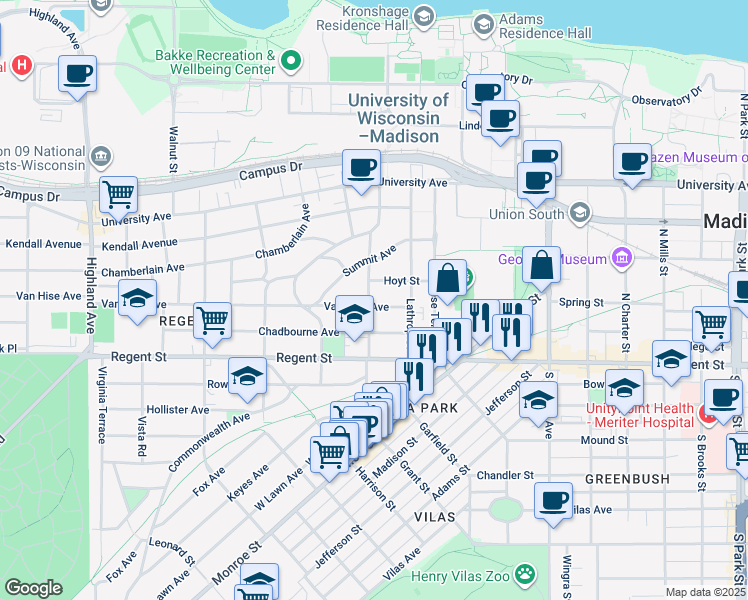 map of restaurants, bars, coffee shops, grocery stores, and more near 1728 Van Hise Avenue in Madison