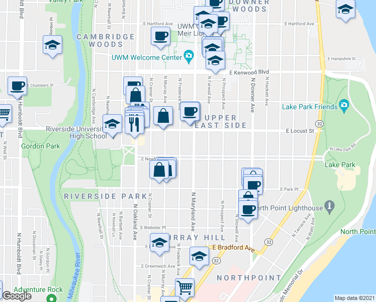 map of restaurants, bars, coffee shops, grocery stores, and more near 2122 E Newberry Blvd in Milwaukee