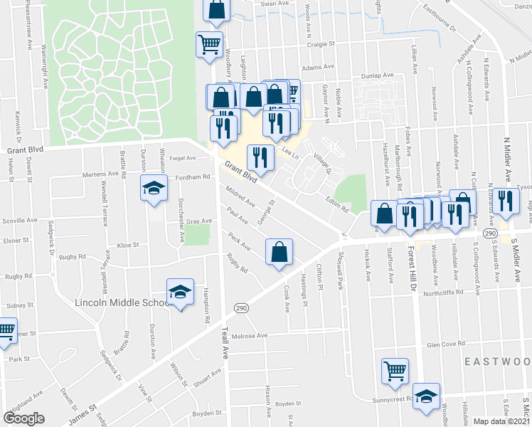 map of restaurants, bars, coffee shops, grocery stores, and more near 299 Mildred Avenue in Syracuse