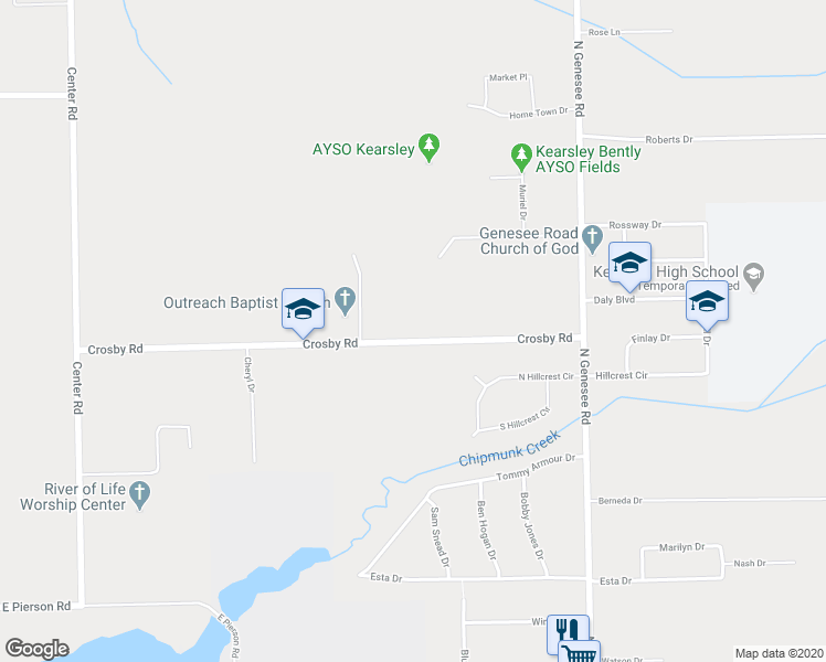 map of restaurants, bars, coffee shops, grocery stores, and more near 4345 Crosby Road in Flint