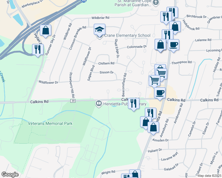 map of restaurants, bars, coffee shops, grocery stores, and more near 15 Lavender Circle in Rochester