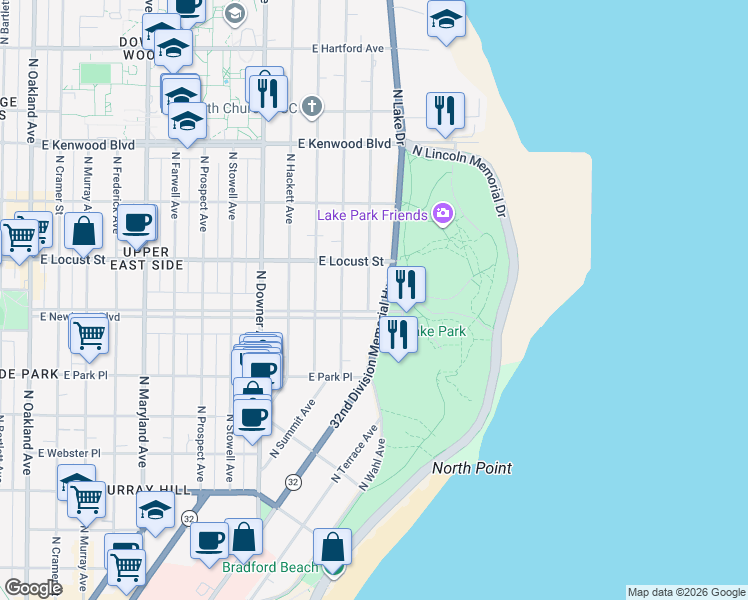 map of restaurants, bars, coffee shops, grocery stores, and more near 3000 East Newberry Boulevard in Milwaukee