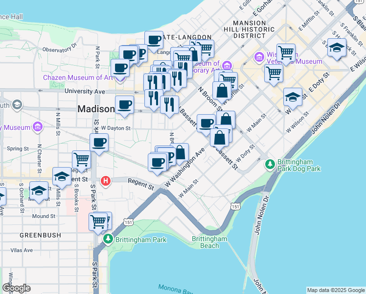 map of restaurants, bars, coffee shops, grocery stores, and more near 551 West Mifflin Street in Madison