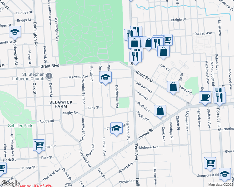 map of restaurants, bars, coffee shops, grocery stores, and more near 220 Dorchester Ave in Syracuse