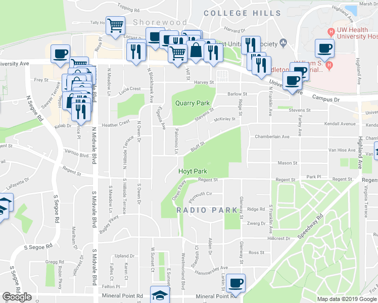 map of restaurants, bars, coffee shops, grocery stores, and more near 3214 Bluff Street in Madison
