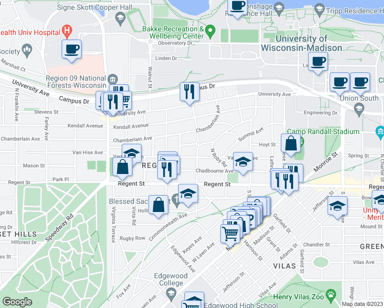 map of restaurants, bars, coffee shops, grocery stores, and more near 106 North Prospect Avenue in Madison