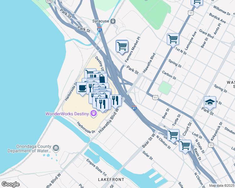 map of restaurants, bars, coffee shops, grocery stores, and more near 9090 Destiny USA Drive in Syracuse