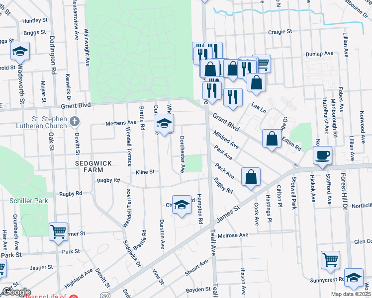map of restaurants, bars, coffee shops, grocery stores, and more near 204 Dorchester Avenue in Syracuse
