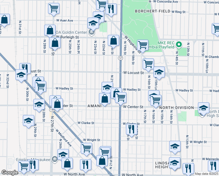 map of restaurants, bars, coffee shops, grocery stores, and more near 2803 North 21st Street in Milwaukee