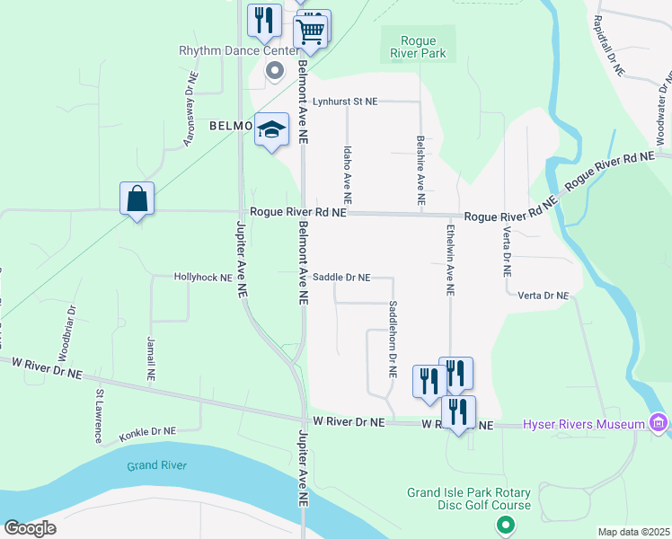 map of restaurants, bars, coffee shops, grocery stores, and more near 2431 Saddle Drive Northeast in Plainfield charter Township