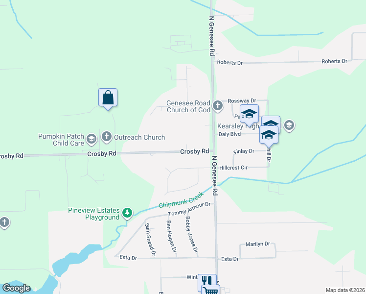 map of restaurants, bars, coffee shops, grocery stores, and more near 4449 Crosby Road in Flint