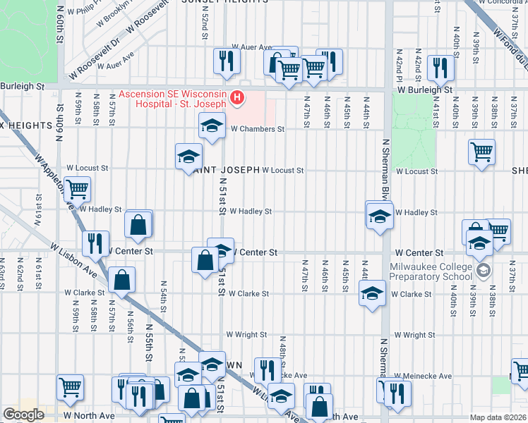 map of restaurants, bars, coffee shops, grocery stores, and more near W Hadley St & N 49th St in Milwaukee