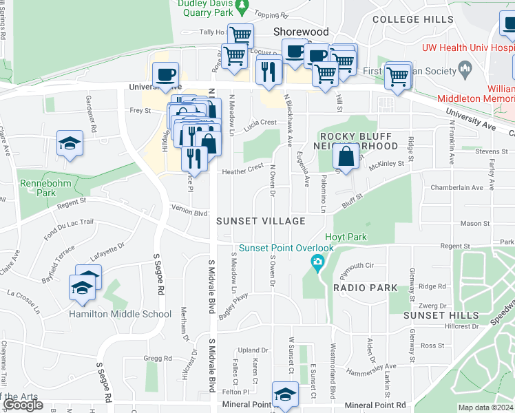 map of restaurants, bars, coffee shops, grocery stores, and more near 305 North Hillside Terrace in Madison