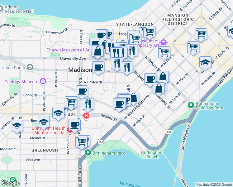 map of restaurants, bars, coffee shops, grocery stores, and more near 601 West Dayton Street in Madison