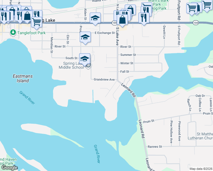 map of restaurants, bars, coffee shops, grocery stores, and more near 527 Boelens Court in Spring Lake