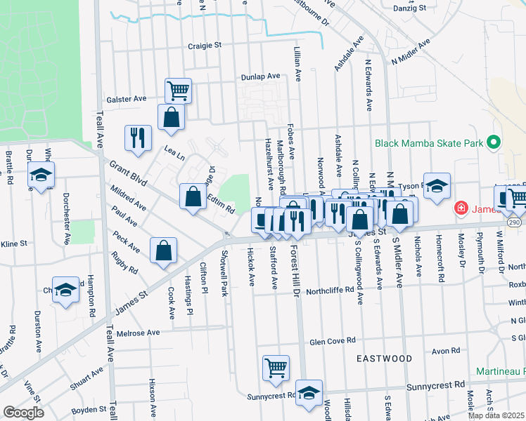 map of restaurants, bars, coffee shops, grocery stores, and more near 132 North Avenue in Syracuse