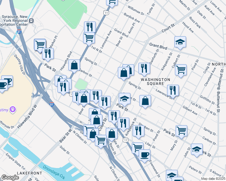 map of restaurants, bars, coffee shops, grocery stores, and more near 409 Court Street in Syracuse