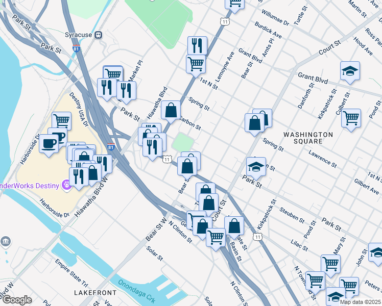 map of restaurants, bars, coffee shops, grocery stores, and more near 119 Washington Square in Syracuse