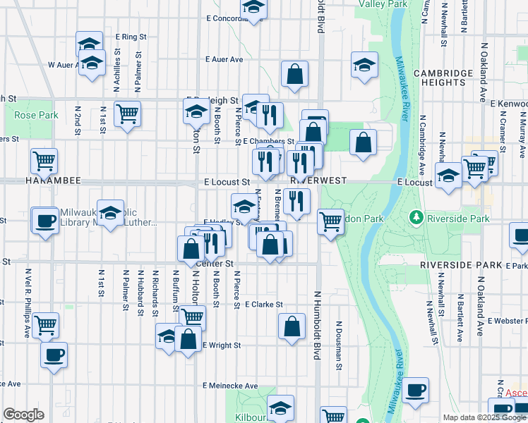 map of restaurants, bars, coffee shops, grocery stores, and more near 2802 North Fratney Street in Milwaukee