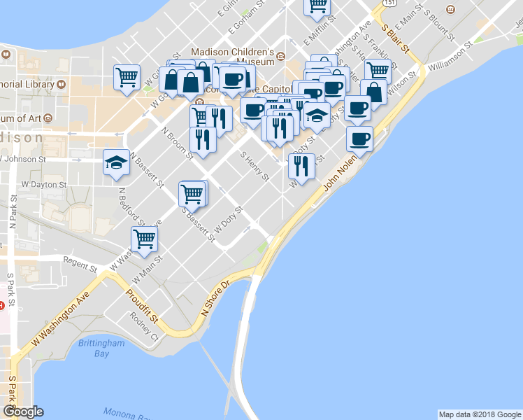map of restaurants, bars, coffee shops, grocery stores, and more near 350 South Hamilton Street in Madison