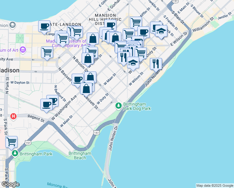 map of restaurants, bars, coffee shops, grocery stores, and more near 350 South Hamilton Street in Madison