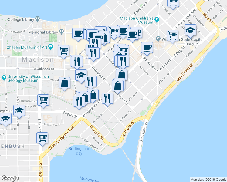 map of restaurants, bars, coffee shops, grocery stores, and more near in Madison