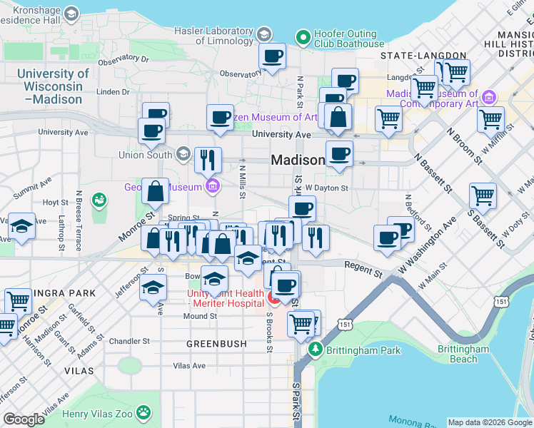 map of restaurants, bars, coffee shops, grocery stores, and more near 1 Gerry Court in Madison
