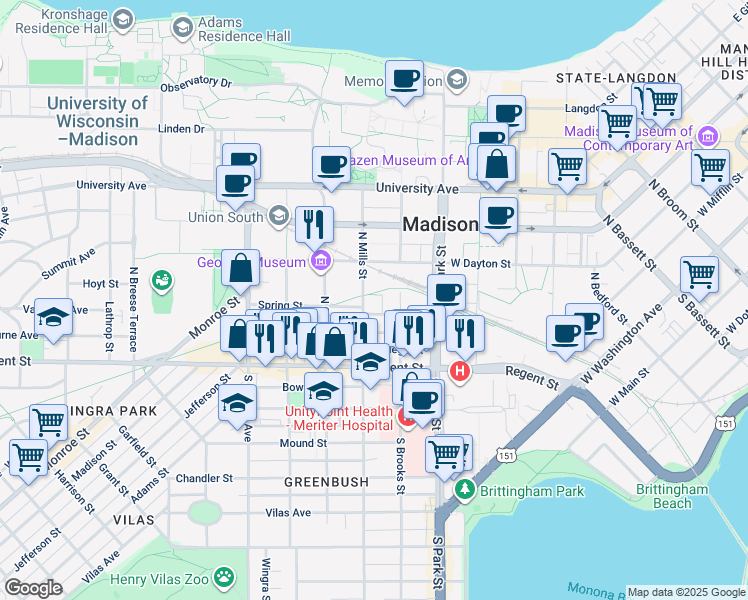 map of restaurants, bars, coffee shops, grocery stores, and more near 1 Gerry Court in Madison