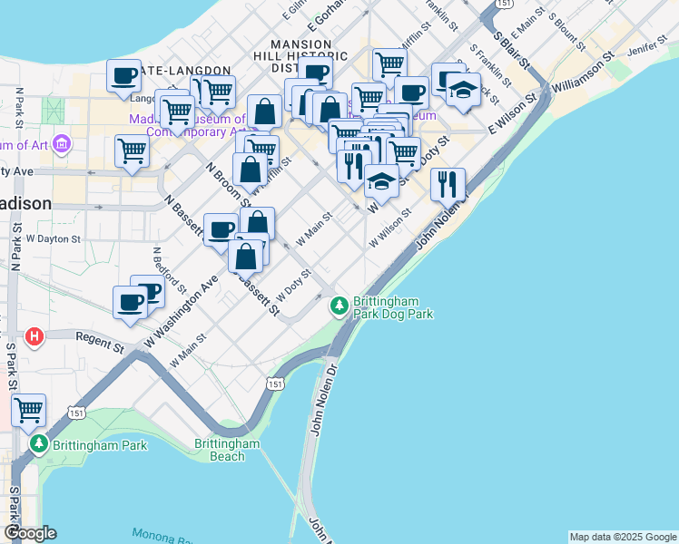 map of restaurants, bars, coffee shops, grocery stores, and more near 336 West Wilson Street in Madison
