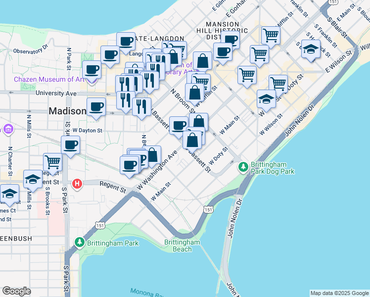 map of restaurants, bars, coffee shops, grocery stores, and more near 501 West Washington Avenue in Madison