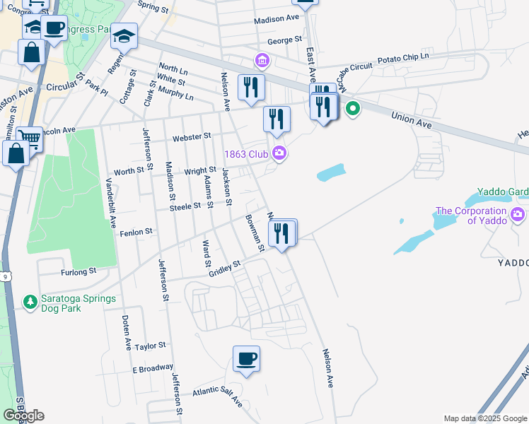 map of restaurants, bars, coffee shops, grocery stores, and more near 69 Nelson Avenue in Saratoga Springs