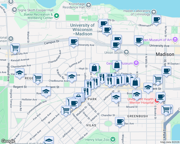 map of restaurants, bars, coffee shops, grocery stores, and more near 112 North Breese Terrace in Madison