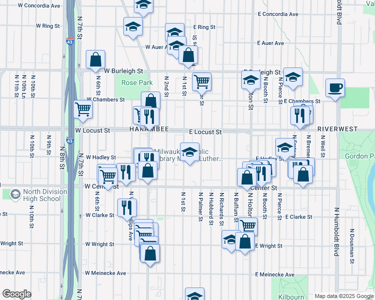 map of restaurants, bars, coffee shops, grocery stores, and more near 2822 North 1st Street in Milwaukee