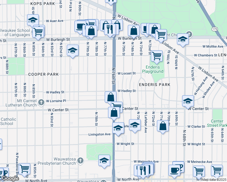 map of restaurants, bars, coffee shops, grocery stores, and more near North 76th Street & West Hadley Street in Milwaukee
