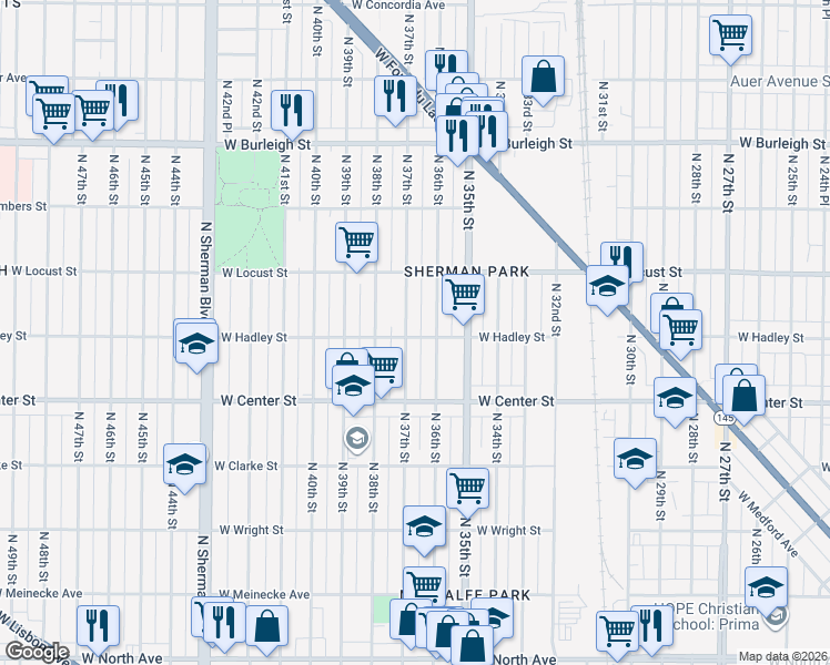 map of restaurants, bars, coffee shops, grocery stores, and more near 2769 North 37th Street in Milwaukee