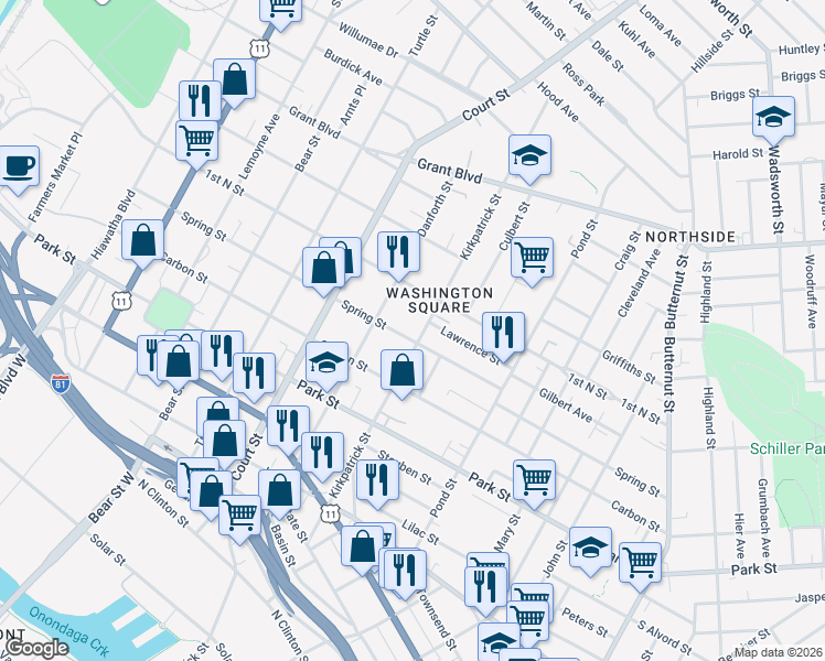 map of restaurants, bars, coffee shops, grocery stores, and more near 621 Kirkpatrick Street in Syracuse