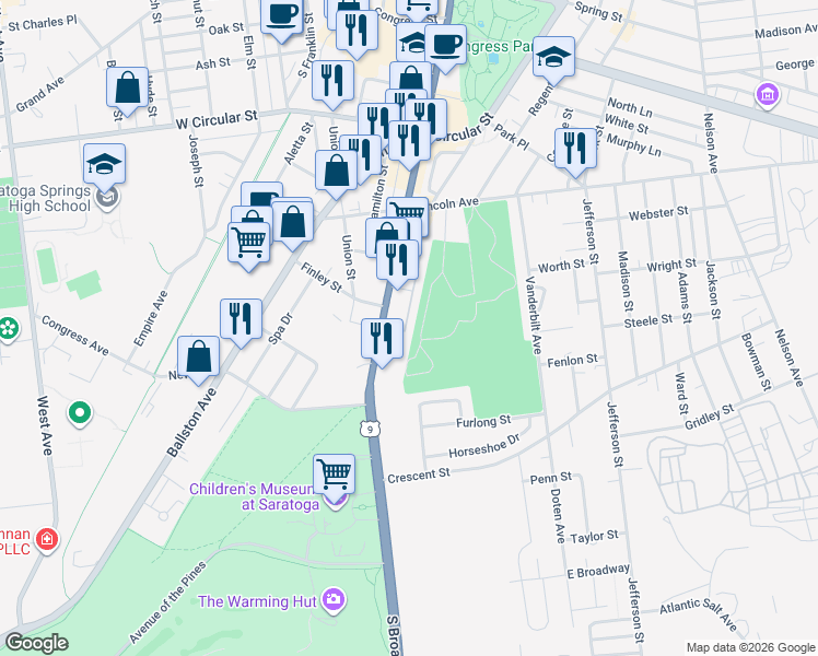 map of restaurants, bars, coffee shops, grocery stores, and more near 134 South Broadway in Saratoga Springs
