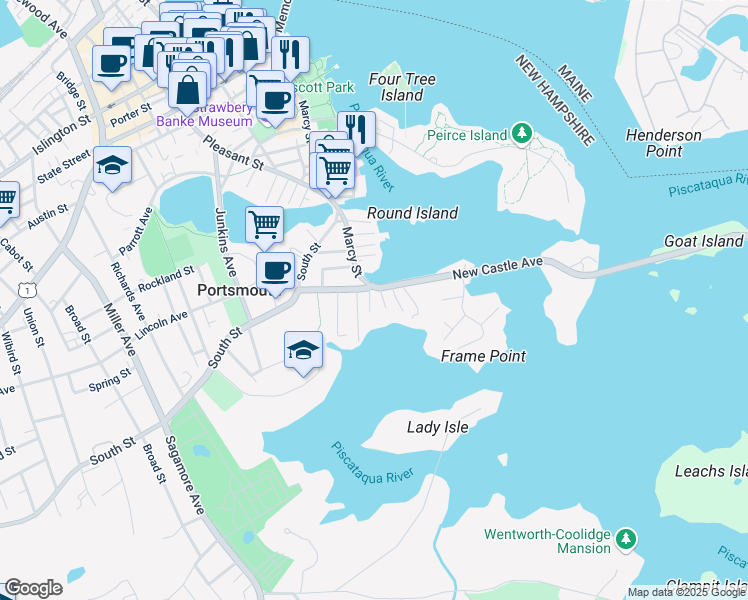 map of restaurants, bars, coffee shops, grocery stores, and more near 48 Ball Street in Portsmouth