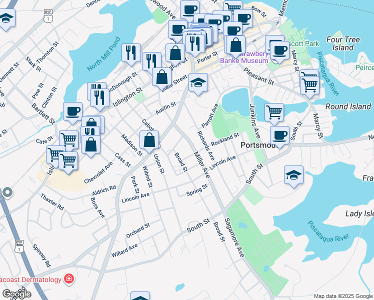 map of restaurants, bars, coffee shops, grocery stores, and more near 293 Rockland Street in Portsmouth