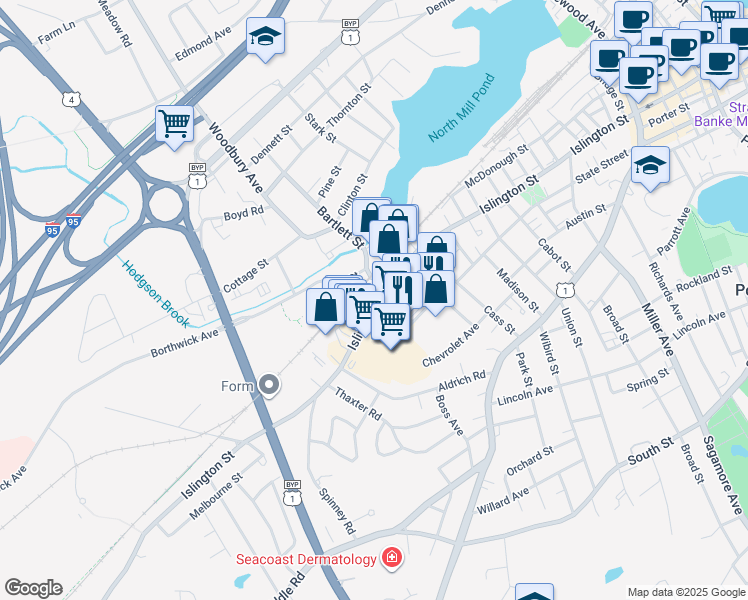 map of restaurants, bars, coffee shops, grocery stores, and more near 738 Islington Street in Portsmouth