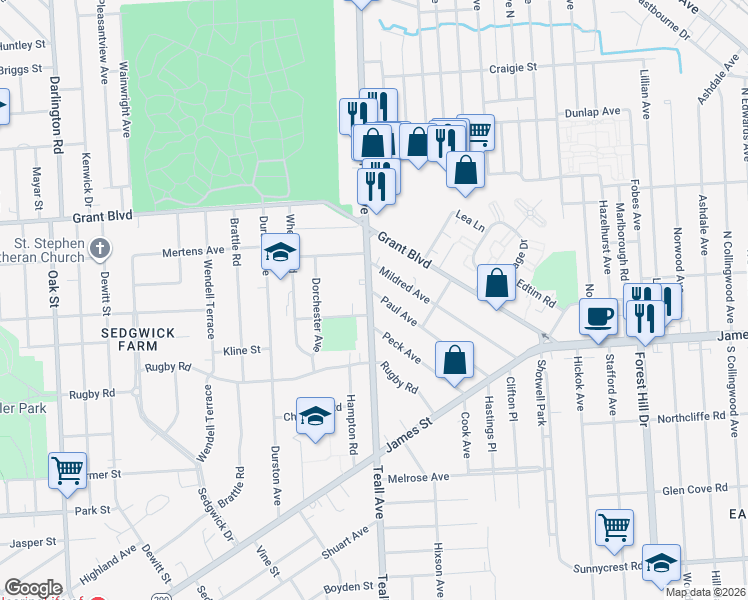 map of restaurants, bars, coffee shops, grocery stores, and more near 100 Gray Avenue in Syracuse