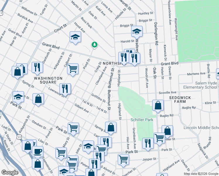 map of restaurants, bars, coffee shops, grocery stores, and more near in Syracuse