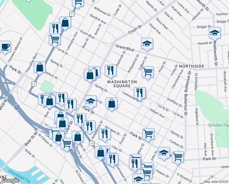 map of restaurants, bars, coffee shops, grocery stores, and more near 621 Kirkpatrick Street in Syracuse
