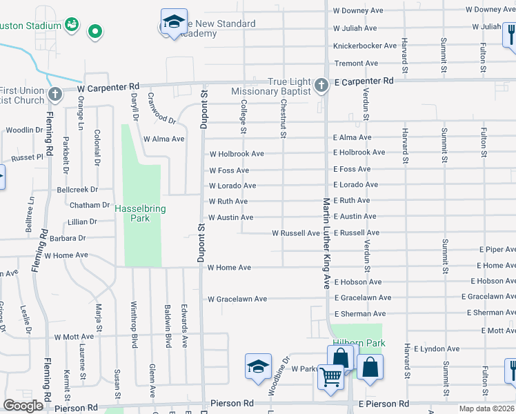 map of restaurants, bars, coffee shops, grocery stores, and more near 502 West Austin Avenue in Flint