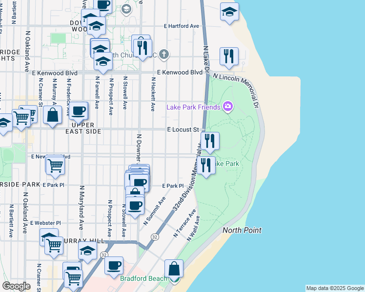 map of restaurants, bars, coffee shops, grocery stores, and more near 2808 North Shepard Avenue in Milwaukee