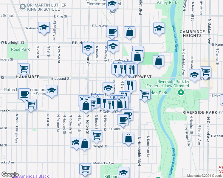 map of restaurants, bars, coffee shops, grocery stores, and more near 2802 North Fratney Street in Milwaukee