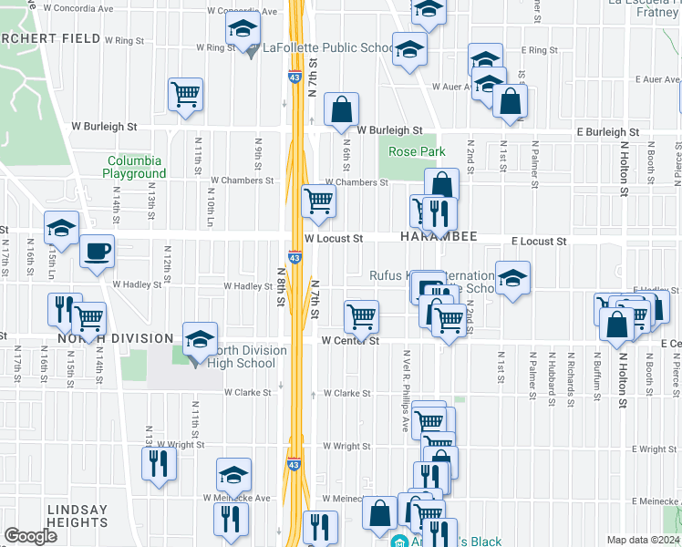 map of restaurants, bars, coffee shops, grocery stores, and more near 524 West Hadley Street in Milwaukee