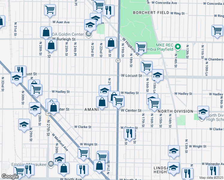 map of restaurants, bars, coffee shops, grocery stores, and more near 2803 North 21st Street in Milwaukee